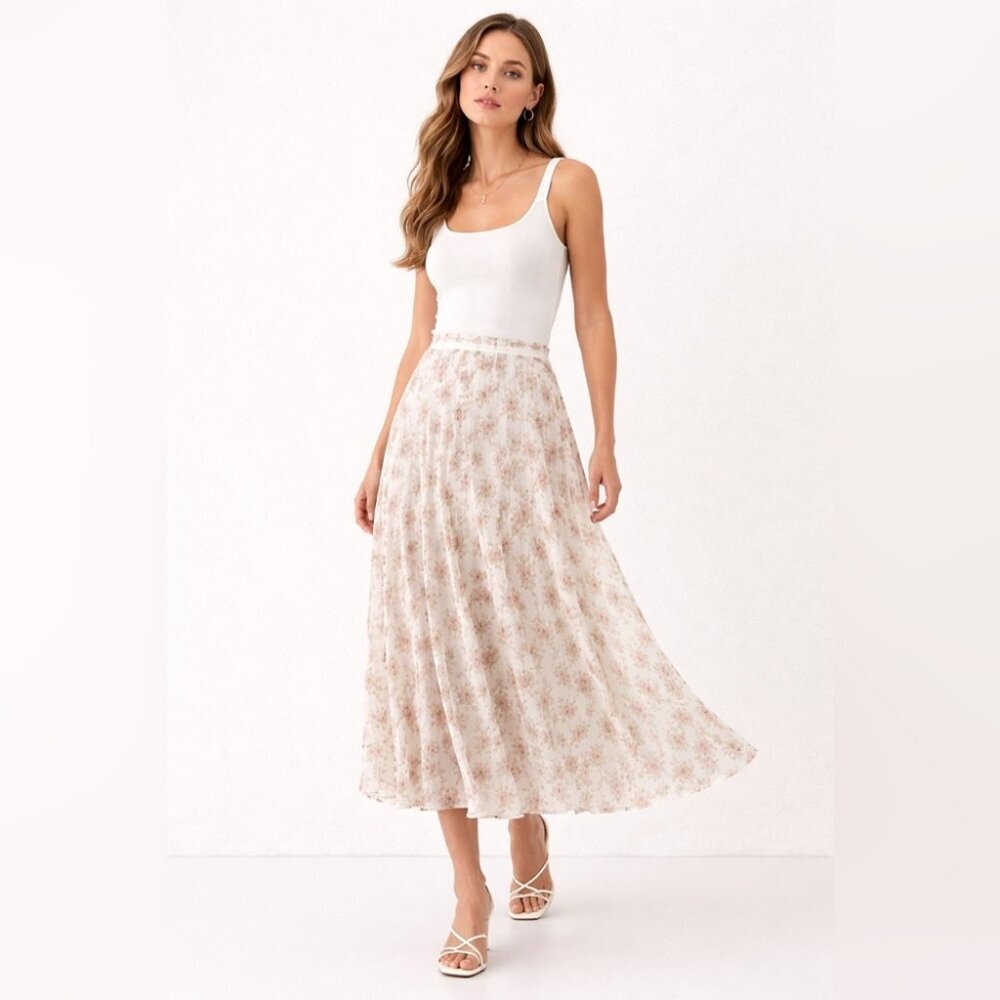 Frime White Floral Pleated Midi Skirt Size L Romantic Cottagecore Flowy Vintage